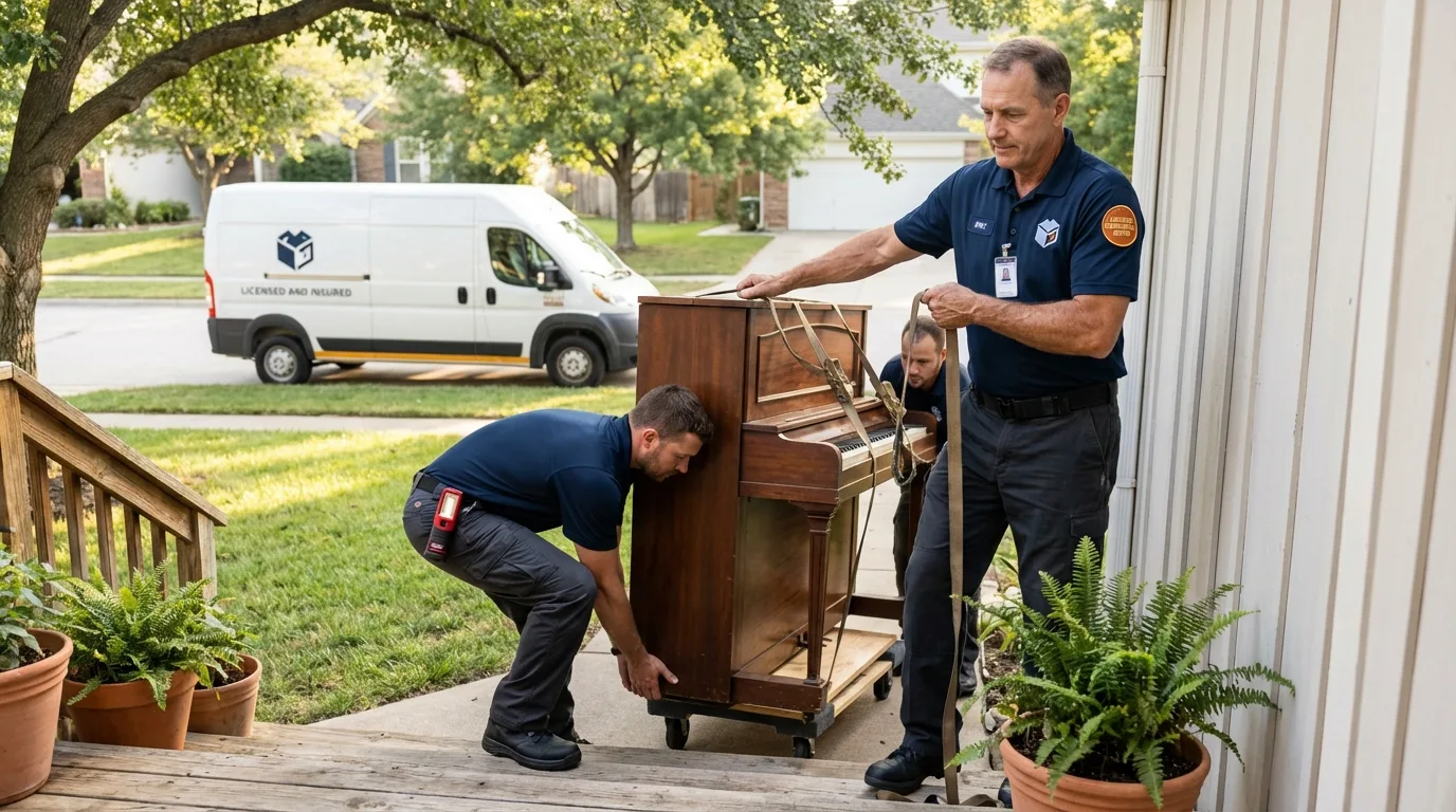 Licensed piano movers securing grand piano in Prospect, CT