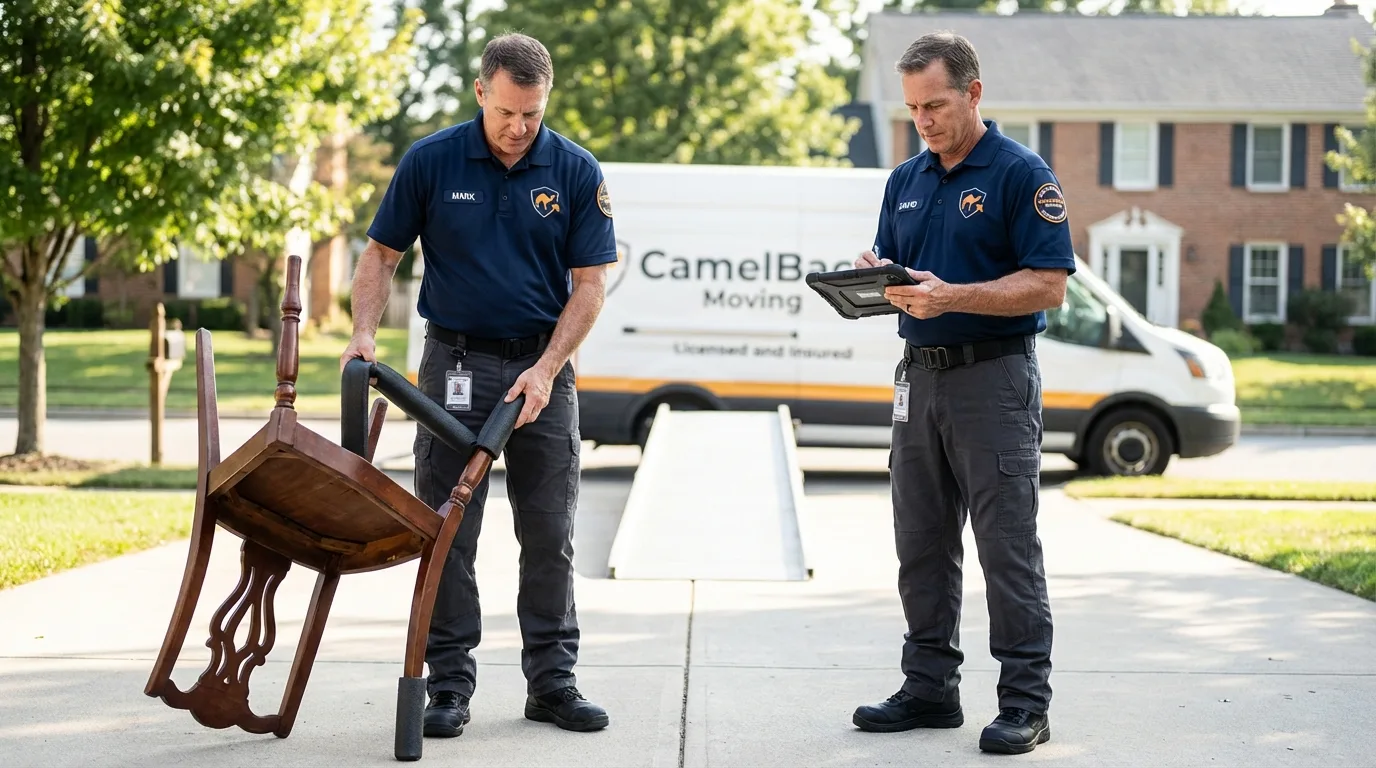 Movers inspecting furniture for damage prevention before loading in Prospect, CT