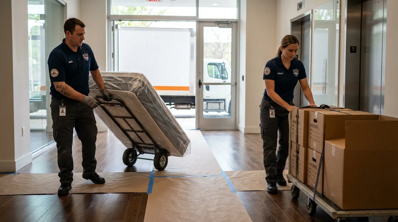 Professional apartment movers loading elevator in Prospect, CT