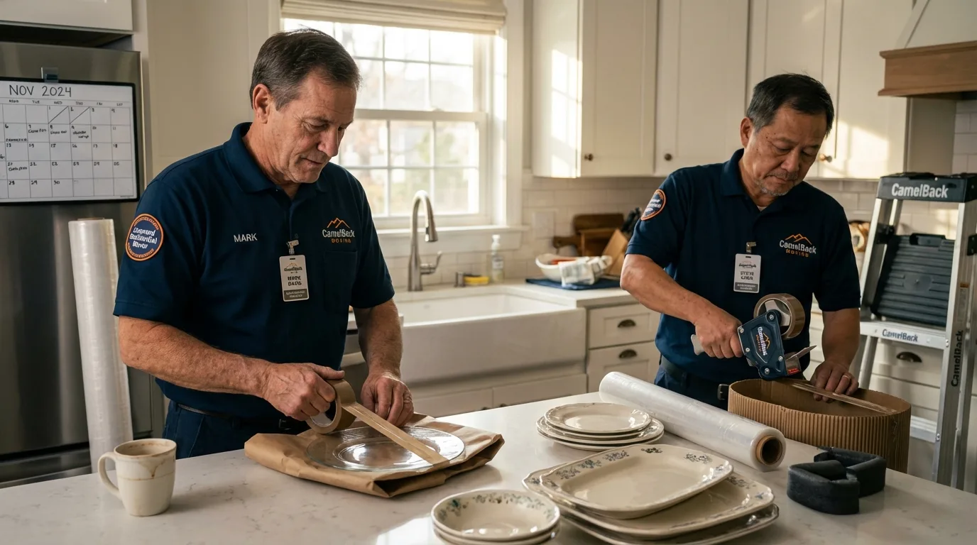 Professional crew packing kitchen dishware in Prospect, CT